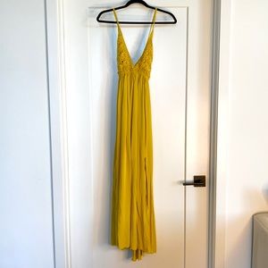 Uptown Bombshell Mustard Yellow Spaghetti Strap, Long Cut Thigh Dress. Size S